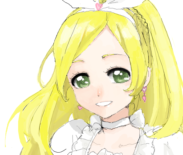 1girl bad_drawr_id bad_id bow_hairband braid choker crown_braid cure_rhythm dress earrings frilled_dress frills green_eyes grin hairband heart heart_earrings jewelry long_hair looking_at_viewer minamino_kanade oekaki parted_bangs portrait precure simple_background smile solo suite_precure tamako_(ramil) teeth white_background white_choker white_dress white_hairband