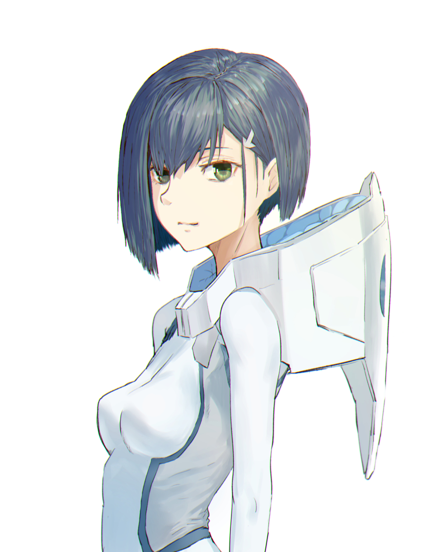 1girl arms_at_sides asymmetrical_hair blunt_ends bob_cut bodysuit breasts closed_mouth commentary darling_in_the_franxx expressionless from_side green_eyes hair_ornament hair_over_one_eye hairclip hood hood_down ichigo_(darling_in_the_franxx) impossible_bodysuit impossible_clothes looking_to_the_side pilot_suit short_hair simple_background small_breasts solo sugino_souichi swept_bangs upper_body white_background white_bodysuit