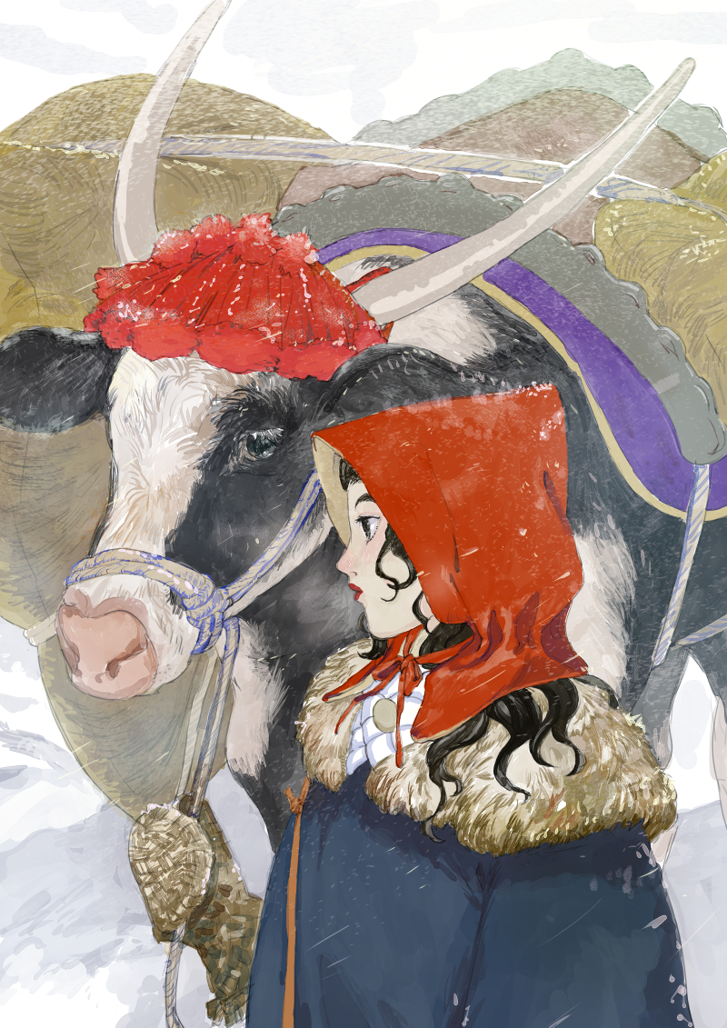 1girl animal ayana_(tannsann) black_hair blue_jacket bull chin_strap chinese_zodiac clothed_animal cow detached_hood fur-trimmed_jacket fur_trim hand_up holding holding_reins horns jacket lipstick long_hair long_horns long_sleeves looking_ahead looking_at_viewer makeup mittens original profile red_hood red_lips reins snow upper_body winter_clothes year_of_the_ox