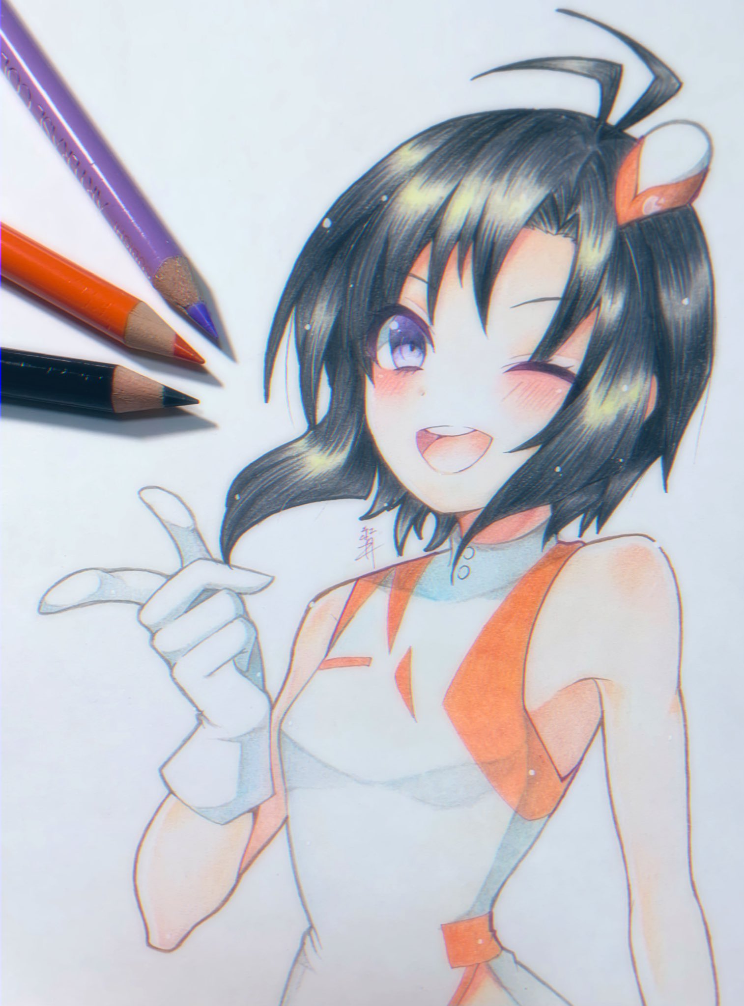 1girl :d ;d antenna_hair arm_at_side art_tools_in_frame bare_shoulders benidzuki_p black_hair blush breasts colored_pencil colored_pencil_(medium) commentary dress floating_hair garrison_cap gloves hand_up hat highres idolmaster index_finger_raised kikuchi_makoto light_particles looking_at_viewer mini_hat one_eye_closed open_mouth orange_dress orange_headwear pencil purple_eyes round_teeth short_hair simple_background sleeveless sleeveless_dress small_breasts smile solo teeth traditional_media two-tone_dress two-tone_headwear upper_body upper_teeth_only voy@ger_(idolmaster) white_background white_dress white_gloves white_headwear