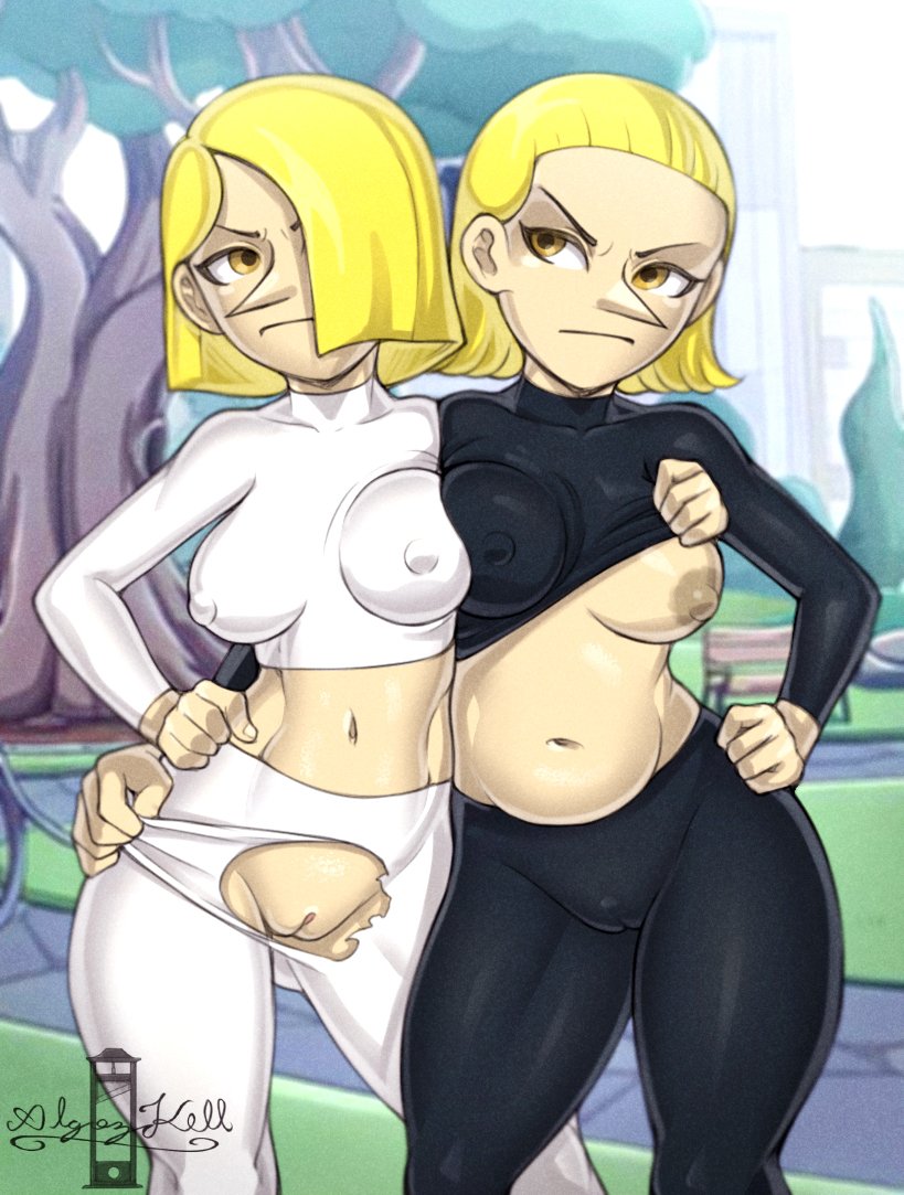 adventure_time adventure_time:_fionna_and_cake algozhell angry artist_name black_pants black_shirt blonde_hair breast_press clothes_lift hand_on_own_hip holding_pants lifting_another's_clothes nipples one_eye_covered pants park plump pointy_nose public_indecency public_nudity pussy shirt shirt_lift torn_clothes torn_pants uncensored watermark white_hair white_pants yellow_eyes