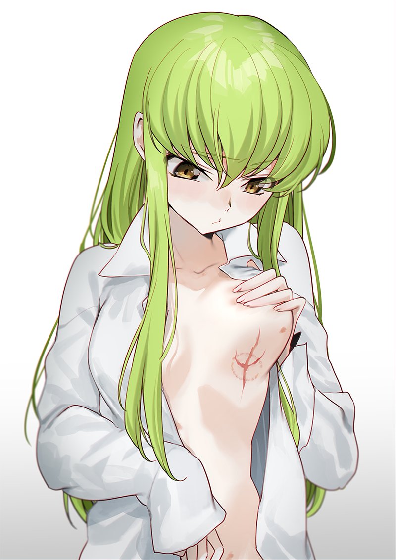 1girl breast_lift breasts c.c. code_geass collarbone creayus green_hair grey_shirt long_hair medium_breasts open_clothes open_shirt shirt solo yellow_eyes