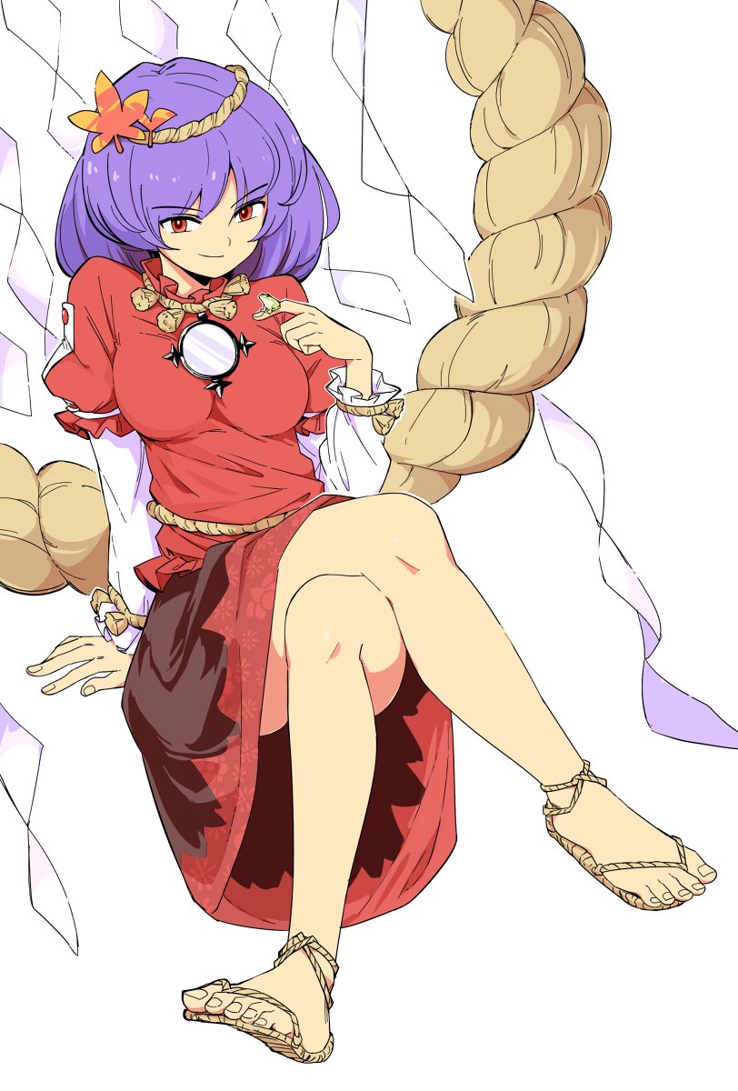 1girl animal_on_finger crossed_legs floral_print frog full_body highres layered_sleeves leaf long_sleeves looking_at_viewer maguro_(mawaru_sushi) maple_leaf mirror print_skirt puffy_sleeves purple_hair red_eyes red_shirt red_skirt rope sandals shimenawa shirt short_hair short_over_long_sleeves short_sleeves simple_background skirt smile solo touhou white_background yasaka_kanako
