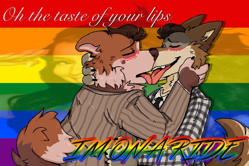 4_fingers anthro biped blush brown_body brown_fur canid canine canis clothed clothing countershade_fur countershading duo fingers french_kissing fully_clothed fur grey_body grey_fur kissing lgbt_pride male male/male mammal pride_colors rainbow_pride_colors saltedserval white_body white_countershading white_fur wolf