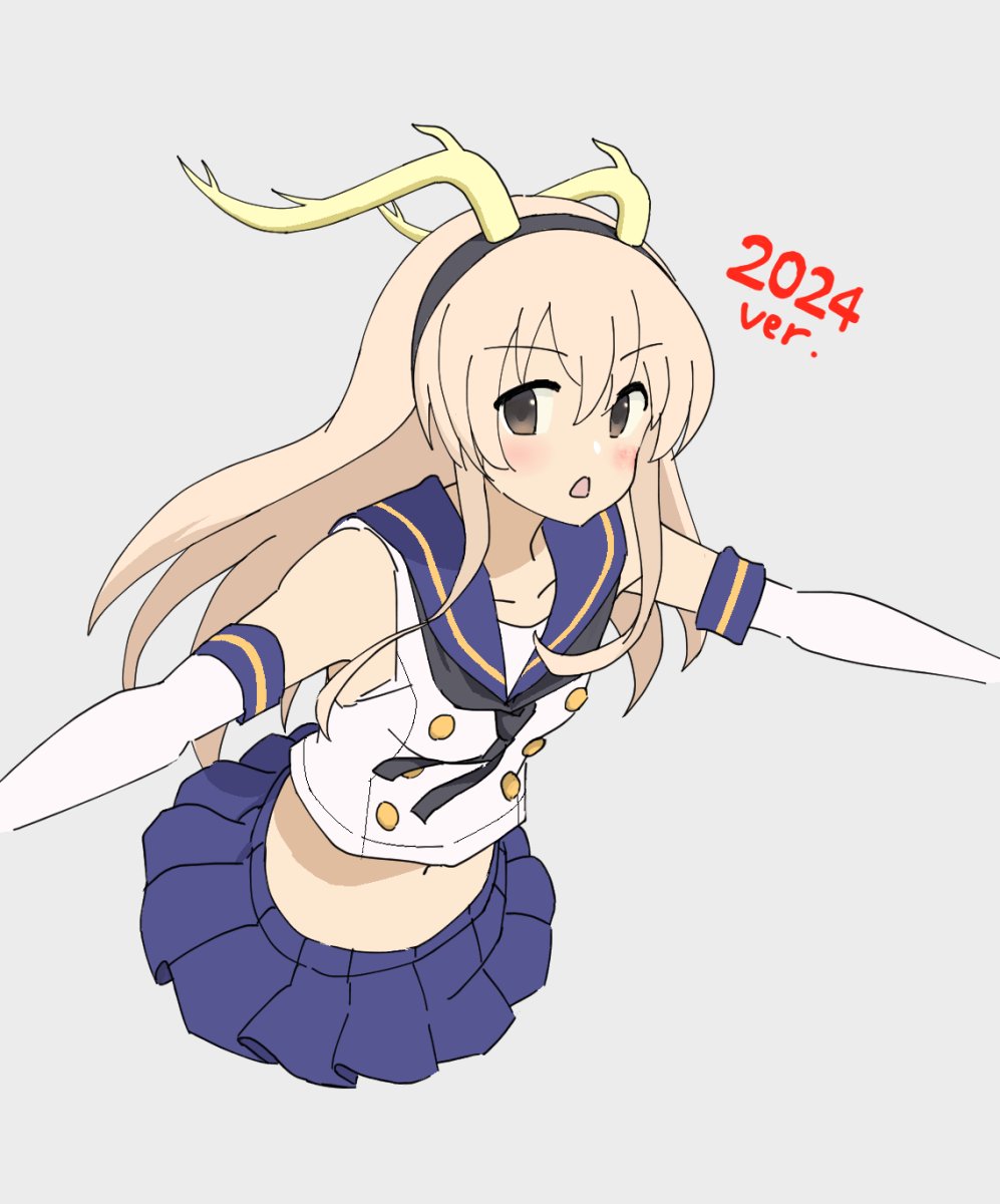 1girl 2024 black_neckerchief blonde_hair blue_sailor_collar blue_skirt commentary_request crop_top cropped_legs dragon_horn elbow_gloves gloves grey_background grey_eyes highres kantai_collection long_hair looking_at_viewer microskirt midriff miniskirt neckerchief nijiboushi outstretched_arms pleated_skirt sailor_collar shimakaze_(kancolle) shirt simple_background skirt sleeveless sleeveless_shirt solo striped_clothes striped_thighhighs thighhighs white_gloves