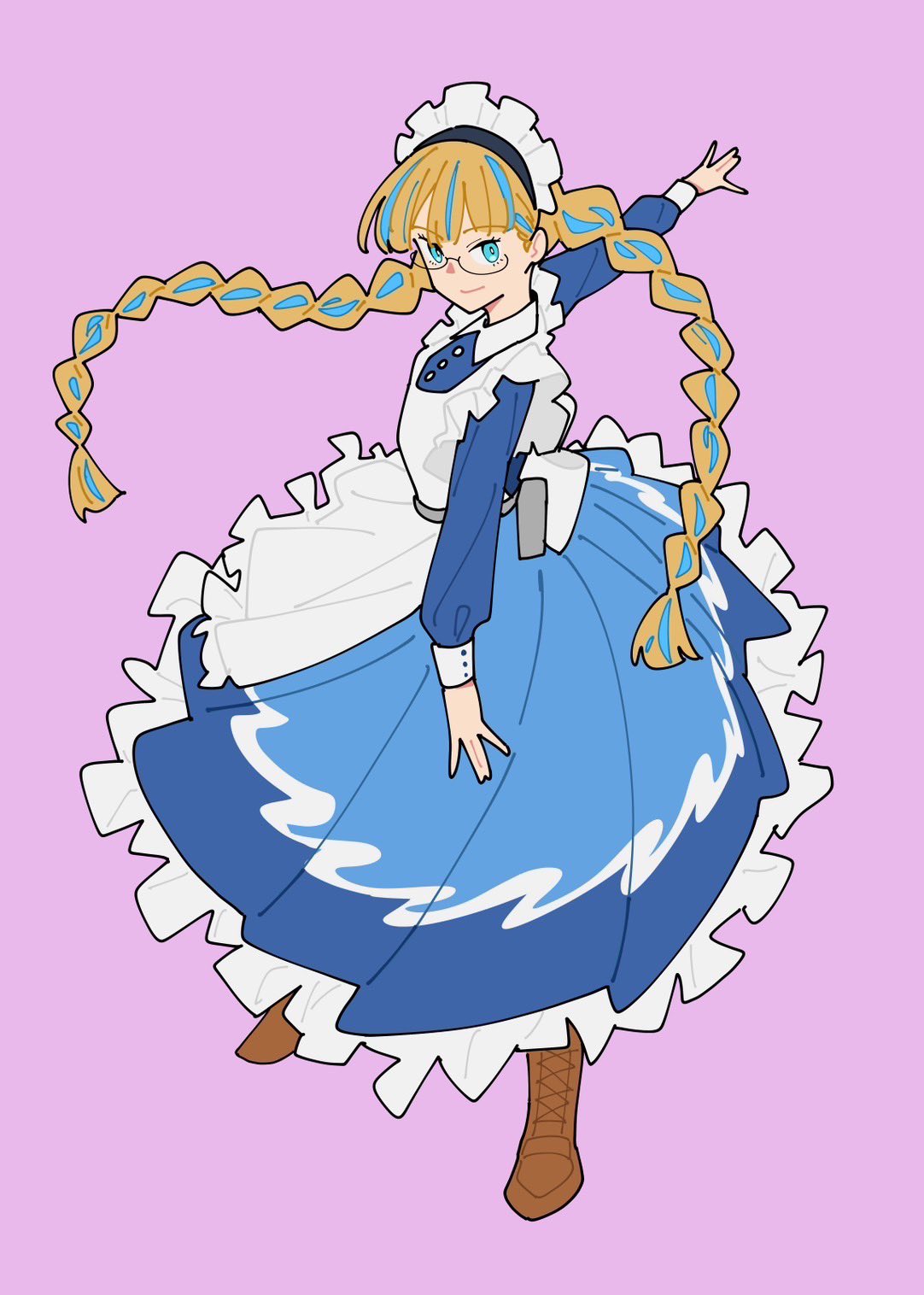 1girl apron belt_pouch beyblade beyblade_x blonde_hair blue_dress blue_eyes blue_hair boots braid brown_footwear circle_skirt closed_mouth collared_dress cross-laced_footwear dress frilled_apron frilled_dress frills full_body glasses highres lace-up_boots long_hair long_sleeves looking_at_viewer looking_to_the_side maid maid_apron maid_headdress meiden_meiko multicolored_hair outstretched_arms pleated_dress pouch purple_background saitou_kengo simple_background smile solo spinning spread_arms standing streaked_hair twin_braids twintails two-tone_hair very_long_hair white_apron