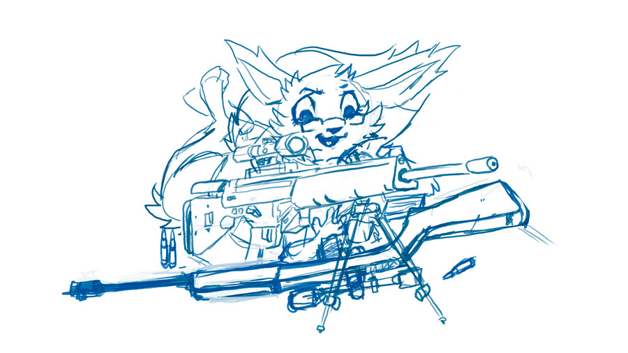 ambiguous_gender ammunition anthro black_nose bullet eevee eyewear fur generation_1_pokemon glasses gun kiaun legs_up m14 monochrome nintendo open_mouth pokemon pokemon_(species) psg-1 ranged_weapon rifle sketch sniper_rifle solo straviios weapon