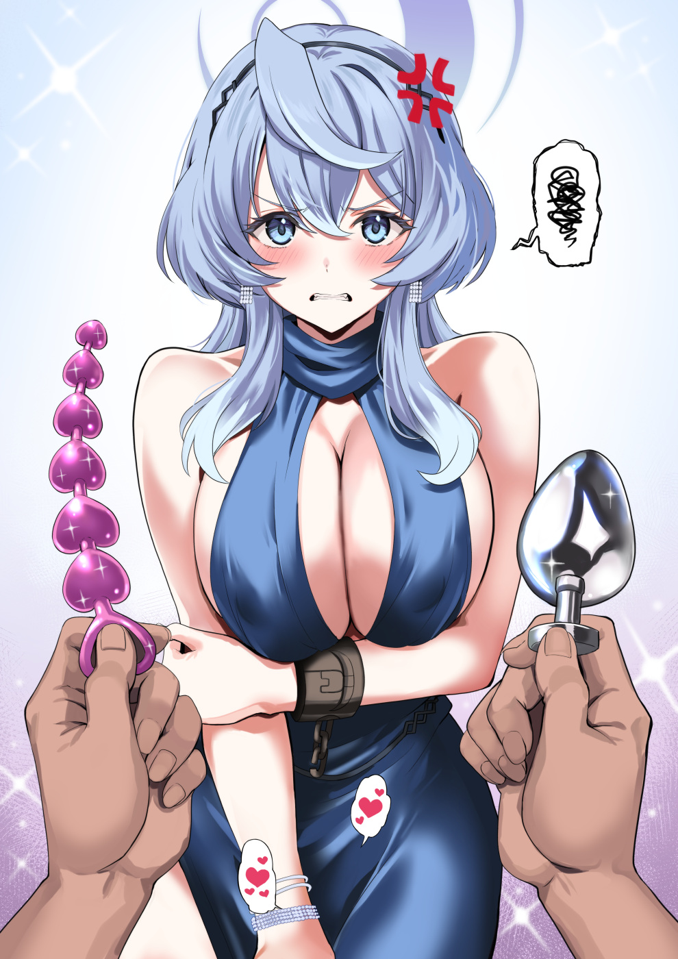 1girl ako_(blue_archive) ako_(dress)_(blue_archive) anal_beads anger_vein arm_under_breasts bare_shoulders blue_archive blue_dress blue_hair blue_halo breasts butt_plug cleavage cuffs dress halo heart highres holding holding_sex_toy kyogoku_shin looking_at_viewer multiple_bracelets plunging_neckline pov sex_toy shackles sideboob sideless_dress sideless_outfit single_handcuff sleeveless sleeveless_dress spoken_heart