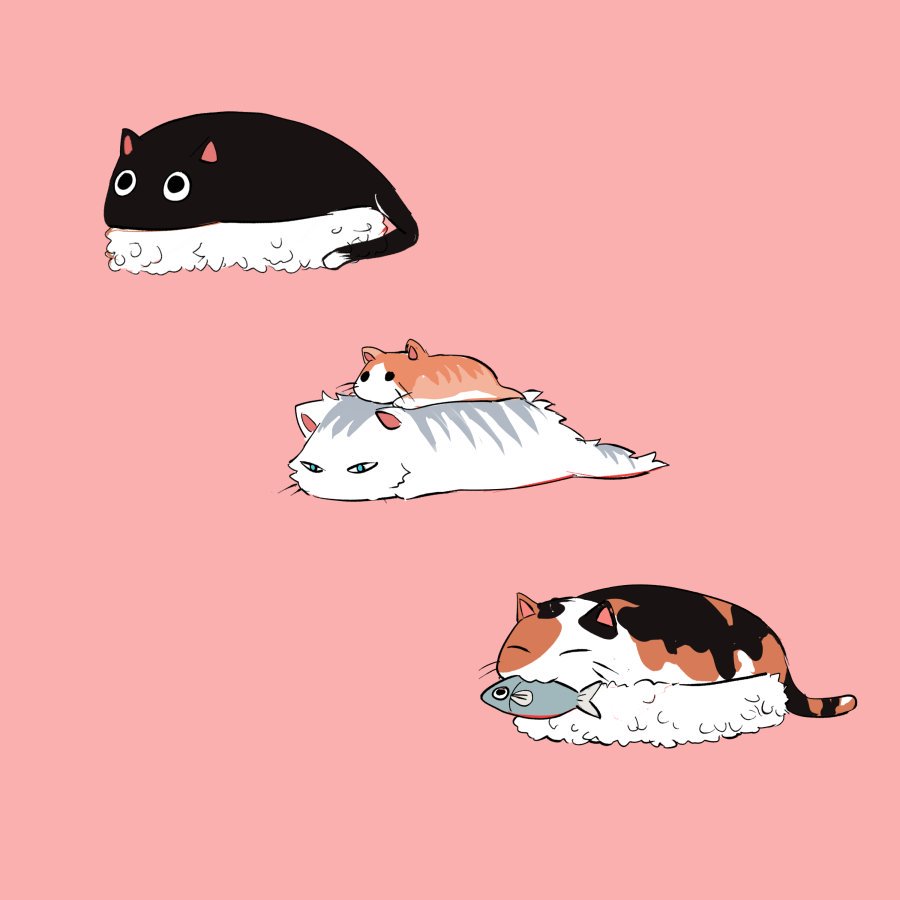 :3 animal_focus black_cat calico cat closed_eyes commentary english_commentary fish_(food) food food_focus half-closed_eyes looking_ahead mimi_n mouth_hold nigirizushi no_humans original red_background rice simple_background sushi