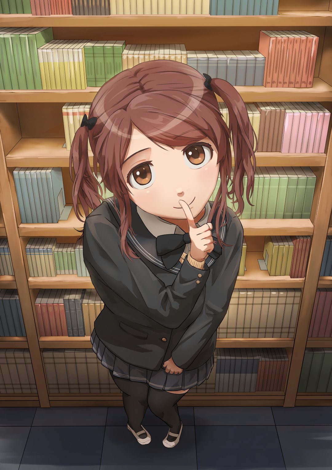 1girl amagami black_bow black_bowtie black_jacket black_sailor_collar black_thighhighs book bookend bookshelf bow bowtie brown_eyes brown_hair brown_sweater checkered_floor closed_mouth collared_shirt commentary dress_shirt finger_to_mouth foreshortening from_above full_body grey_skirt hair_bow head_tilt highres index_finger_raised indoors jacket kibito_high_school_uniform library long_sleeves looking_at_viewer looking_up medium_hair mikawa_mikan nakata_sae pantyhose perspective pleated_skirt sailor_collar school_uniform shadow shirt shoes shushing skirt smile solo standing sweater swept_bangs thighhighs tile_floor tiles twintails upturned_eyes uwabaki white_shirt