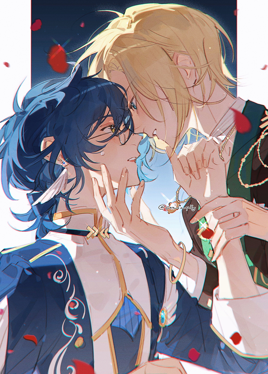 2boys aoba_tsumugi bandaged_neck bandages bishounen black-framed_eyewear black_jacket black_skirt blonde_hair blue_background blue_eyes blue_hair blue_jacket blue_shirt blue_sleeves blue_vest border collar collarbone collared_jacket commentary_request crim0x0 ensemble_stars! eye_contact face-to-face feather_hair_ornament feathers fingernails glasses gradient_background green_collar grin hair_ornament hand_on_another's_chin hand_on_another's_wrist highres jacket jewelry layered_sleeves looking_at_another low_ponytail male_focus medium_hair multiple_boys necklace noses_touching open_mouth outside_border petals pillarboxed rose_petals shirt short_hair simple_background skirt sleeves_past_elbows smile striped_clothes striped_shirt sweat teeth tenshouin_eichi twitter_username upper_body upper_teeth_only vertical-striped_clothes vertical-striped_shirt vest white_border white_collar yaoi