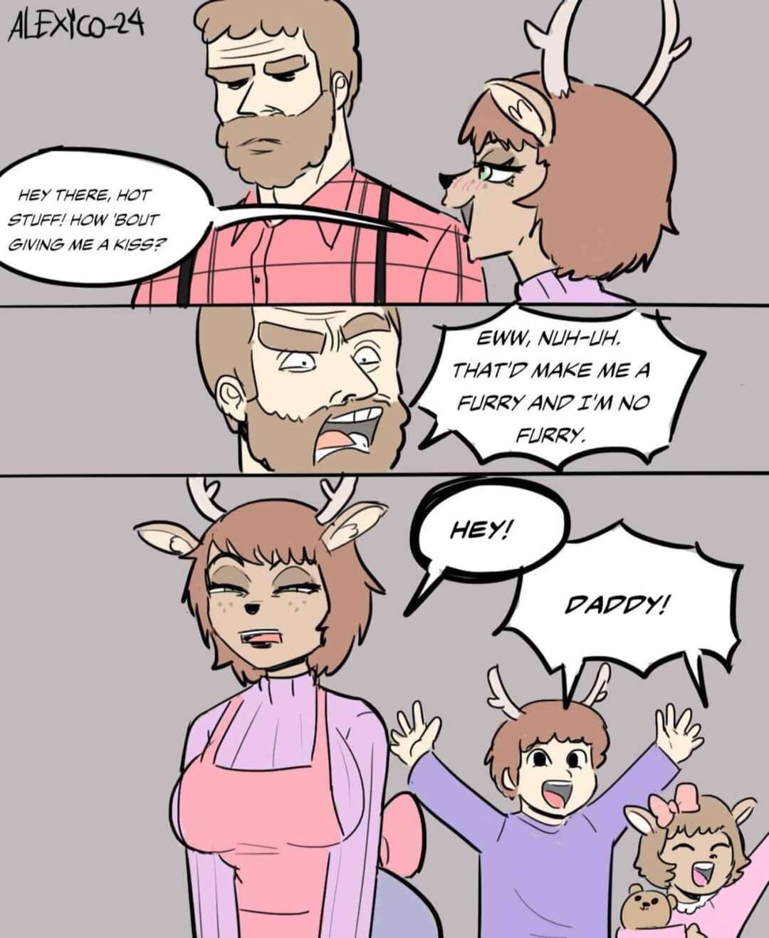 anthro beard big_breasts breasts brown_body brown_hair clothed clothing comic deer dialogue english_text facial_hair family female freckles group hair hi_res human humor hybrid lumberjack male male/female mammal signature simple_background spanish_text text thecooleralexico_(artist) translated