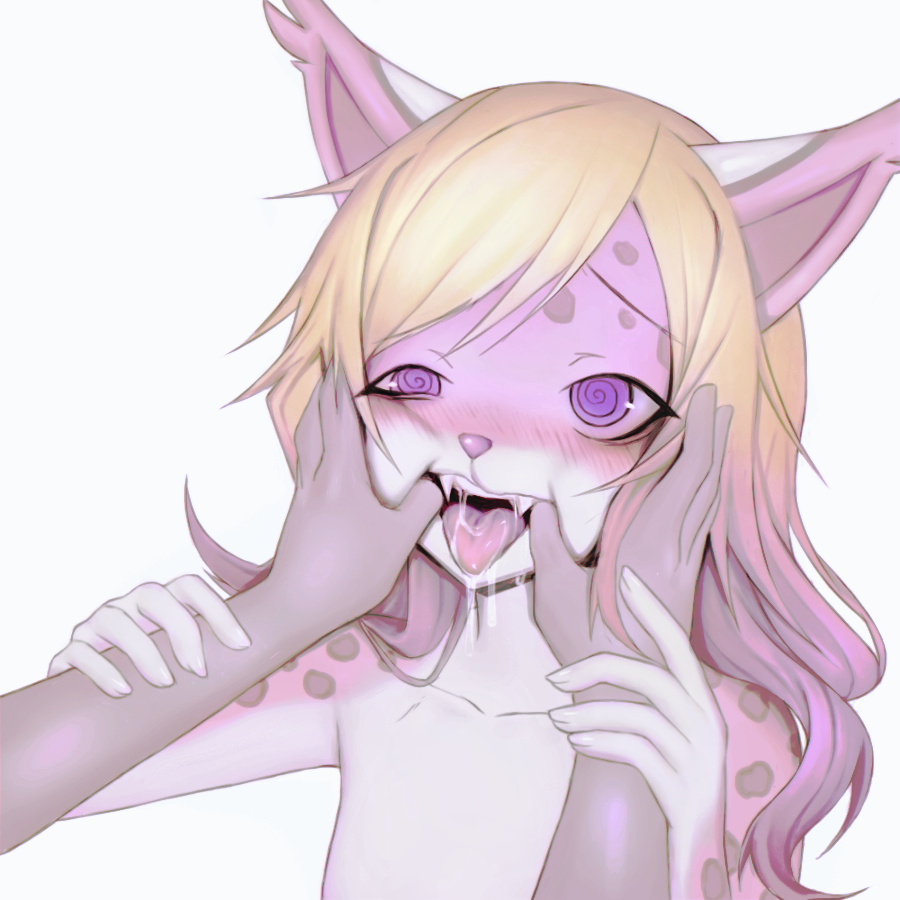 2019 ambiguous_gender anthro blonde_hair blush bodily_fluids brown_spots bust_portrait countershading digital_media_(artwork) drooling duo faceless_character felid feline female finger_in_mouth fur gina_marie grey_body grey_countershading hair hand_on_another's_arm mammal markings pink_body pink_fur pink_tongue portrait purple_eyes rofortyseven saliva sharp_teeth simple_background spiral_eyes spots spotted_body spotted_fur spotted_head teeth tongue wavy_hair white_background white_hands