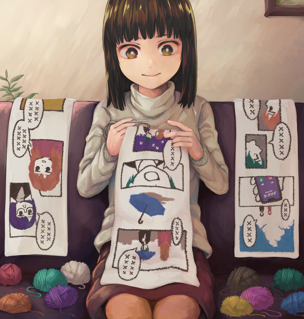 1girl brown_eyes brown_hair closed_mouth couch grey_sweater holding holding_needle indoors knitting knitting_needle medium_hair needle original purple_skirt sitting skirt smile solo sweater turtleneck turtleneck_sweater yajirushi_(chanoma) yarn yarn_ball