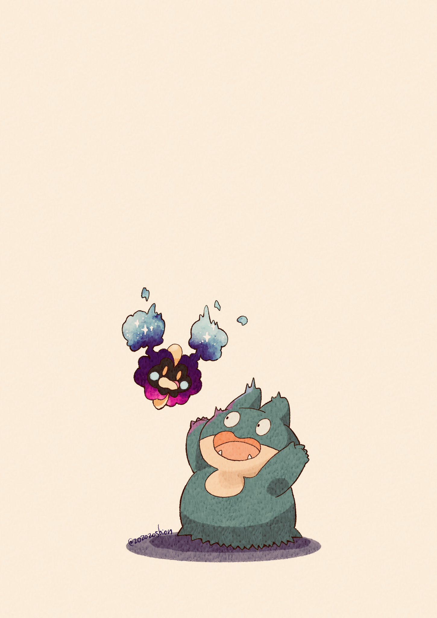 arms_up artist_name commentary_request cosmog fangs floating highres munchlax no_humans open_mouth pokemon pokemon_(creature) scared simple_background twitter_username white_background yellow_eyes zozozoshion