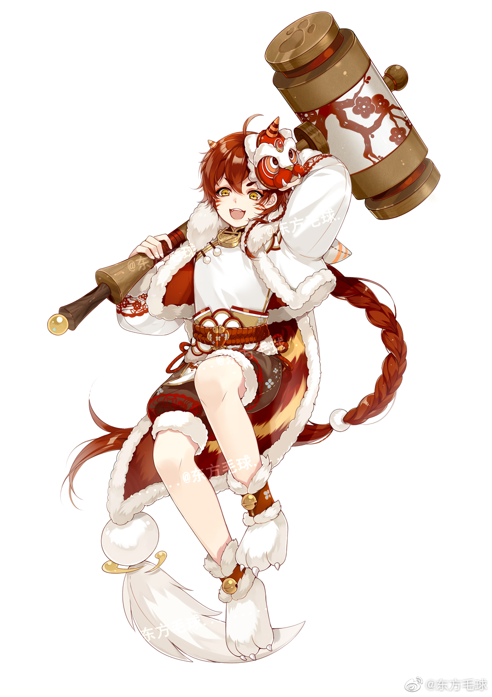 1boy :d arm_behind_head bell belt braid brown_shorts cape child chinese_clothes cone_horns dongfang_mao_qiu eyeliner facial_mark fangs full_body fur-trimmed_cape fur-trimmed_jacket fur-trimmed_shorts fur_trim hair_between_eyes hammer highres holding holding_hammer horns huge_weapon jacket jingle_bell lock long_hair long_sleeves looking_at_viewer makeup male_focus mask mask_on_head nian_gao_(the_tale_of_food) official_art open_clothes open_jacket over_shoulder padlock padlocked_collar paw_shoes red_belt red_cape red_eyeliner red_hair shirt short_eyebrows shorts simple_background single_braid smile solo tassel teeth the_tale_of_food two-sided_cape two-sided_fabric upper_teeth_only watermark weapon weapon_over_shoulder weibo_logo weibo_username whisker_markings white_background white_cape white_footwear white_jacket white_shirt yellow_eyes