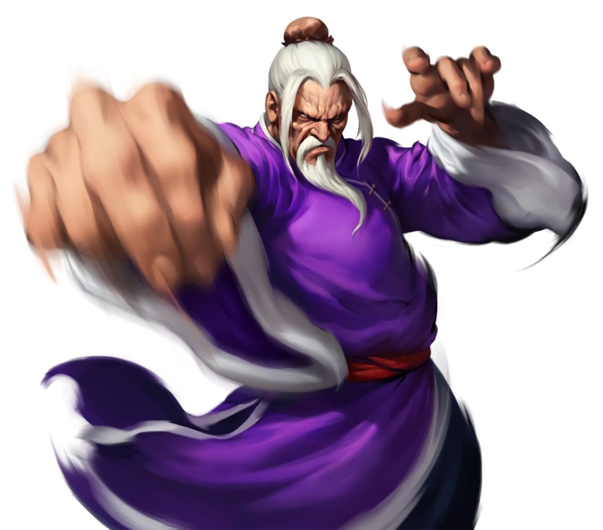 belt chinese_clothes fighting_stance gen_(street_fighter) hair_bun no_pupils old purple_shirt red_belt shirt simple_background single_hair_bun street_fighter white_beard white_hair