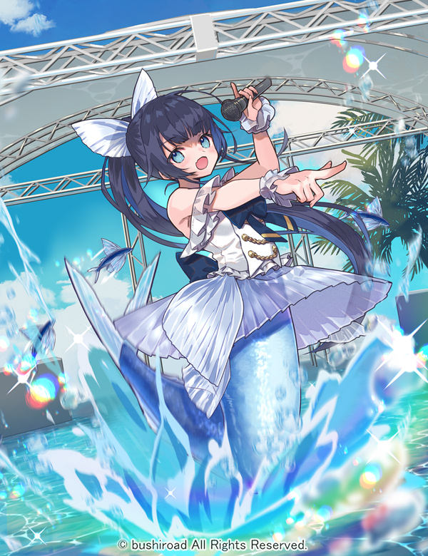 1girl :d animal bare_shoulders black_hair blue_eyes blue_hair blue_sky blush cardfight!!_vanguard character_request cloud commentary_request day fang fish flying_fish frilled_shirt frills hand_up holding holding_microphone long_hair looking_at_viewer microphone miyoshino multicolored_hair official_art outdoors outstretched_arm pointing ponytail see-through shirt sky sleeveless sleeveless_shirt smile solo splashing two-tone_hair very_long_hair water white_shirt wrist_cuffs