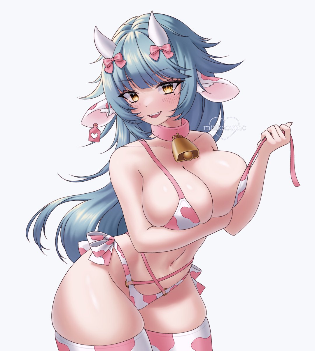 1girl animal_ears animal_print bell bikini breasts cleavage collar cow_ears cow_girl cow_horns cow_print cowbell ear_tag heart highres horns indie_virtual_youtuber large_breasts long_hair miiikaccino milkie_(vtuber) mole mole_under_eye navel neck_bell parted_lips pink_bikini pink_collar pink_thighhighs second-party_source side-tie_bikini_bottom solo swimsuit teeth thighhighs two-tone_bikini two-tone_thighhighs undone_bikini upper_teeth_only virtual_youtuber white_bikini white_thighhighs yellow_eyes
