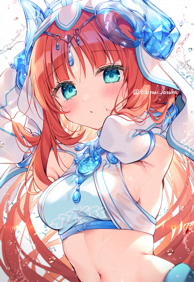 1girl artist_name blush breasts crop_top detached_sleeves fake_horns genshin_impact harem_outfit horns jewelry large_breasts long_hair long_sleeves looking_at_viewer navel neck_ring nilou_(genshin_impact) parted_lips red_hair shikitani_asuka solo twitter_username watermark