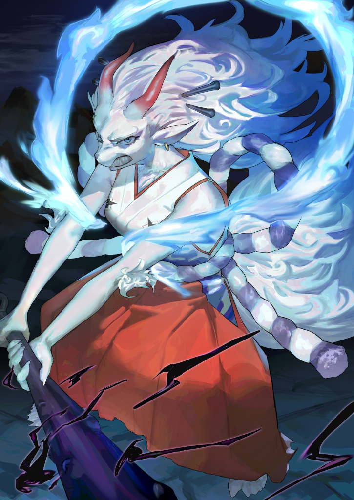 1girl alternate_form angry bare_arms bare_shoulders barefoot blue_eyes blue_fire blue_shawl body_fur breasts claws clenched_teeth club_(weapon) commentary earrings fingernails fire floating_hair furry furry_female grey_hair hagoromo hair_ornament hair_stick hakama holding holding_weapon horns japanese_clothes jewelry kanabou kimono long_hair looking_at_viewer mi8pq multicolored_hair multicolored_horns one_piece red_hakama red_horns rope sharp_fingernails sharp_teeth shawl shimenawa sleeveless sleeveless_kimono solo squatting tail teeth toned v_arms very_long_hair weapon white_fur white_hair yamato_(one_piece)
