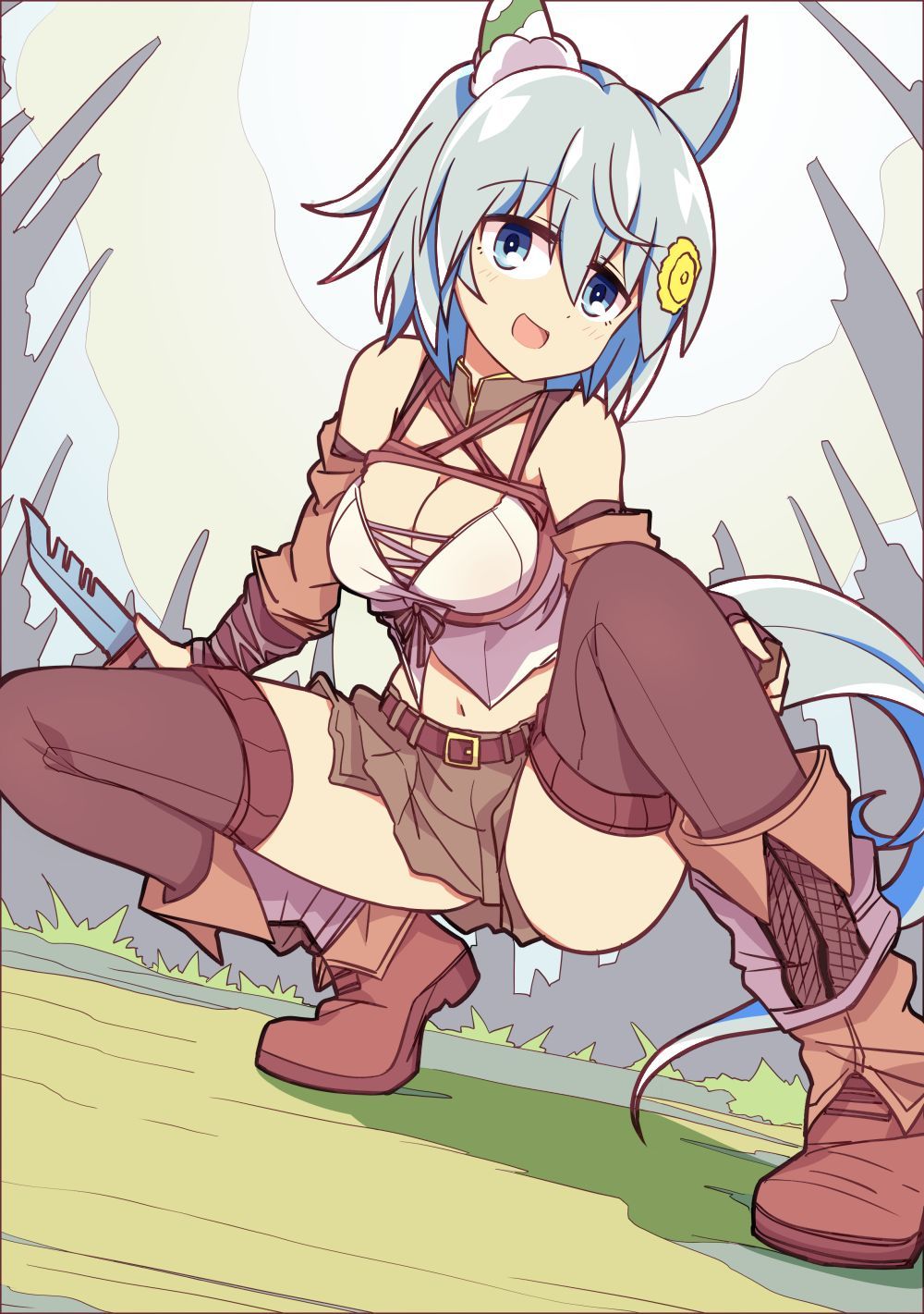 1girl alternate_costume animal_ears bare_shoulders blue_eyes boots breasts brown_footwear brown_gloves brown_skirt brown_thighhighs cleavage commentary_request elbow_gloves fingerless_gloves fold-over_boots gloves grass hair_between_eyes hair_ornament hairclip highres holding holding_knife horse_ears horse_girl horse_tail knife medium_breasts midriff navel open_mouth outdoors seiun_sky_(umamusume) serrated_knife skirt smile solo spread_legs squatting tail tank_top thighhighs umamusume wahiko_(black_bastard) white_tank_top
