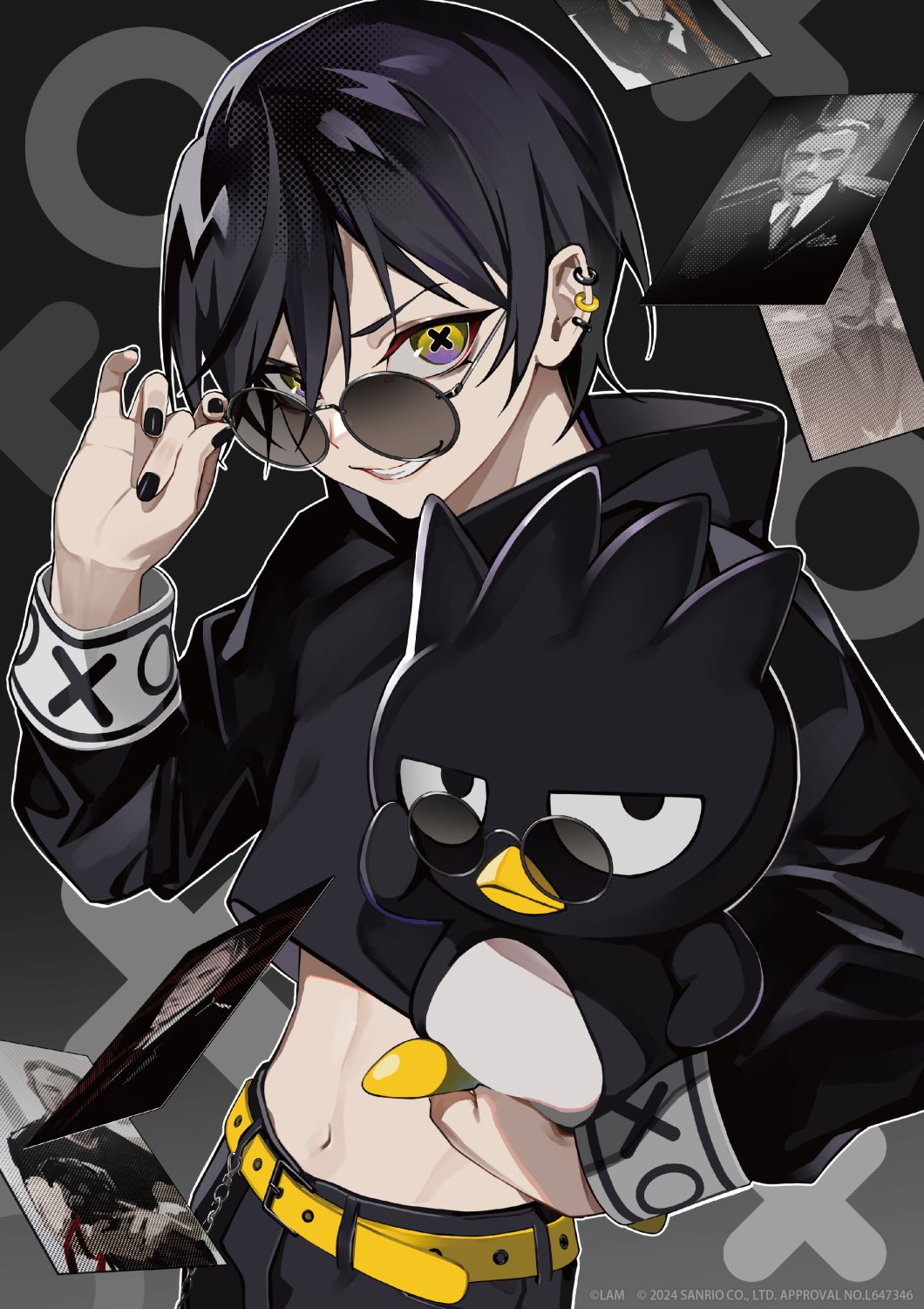 1boy badtz-maru belt black_hair black_hoodie black_nails black_pants crop_top cropped_hoodie ear_piercing gradient_eyes highres hood hoodie lam_(ramdayo) male_focus midriff multicolored_eyes multiple_piercings nail_polish navel original pants photo_(object) piercing purple_eyes round_eyewear sanrio short_hair sunglasses yellow_belt yellow_eyes