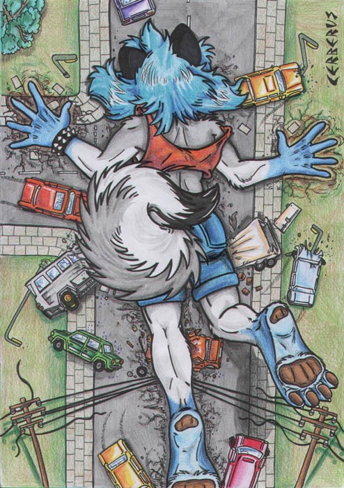 anthro blue_hair bottomwear canid canine canis cerberus_(artist) clothing crush cutoffs denim denim_clothing destruction domestic_dog female fluffy fluffy_tail hair hand_print hindpaw husky macro mammal nikita_(character) nordic_sled_dog outside pawpads paws shorts spitz vehicle_destruction