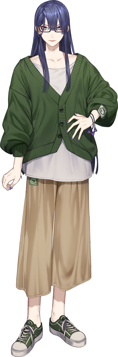 1boy black_footwear blue_hair bracelet brown_pants cardigan full_body glasses green_cardigan grey_eyes hand_on_own_hip highres jewelry loalo long_hair long_sleeves looking_at_viewer male_focus nagao_kei nagao_kei_(4th_costume) nijisanji official_art oversized_clothes pants shirt shoes sleeves_rolled_up sneakers solo transparent_background virtual_youtuber white_shirt