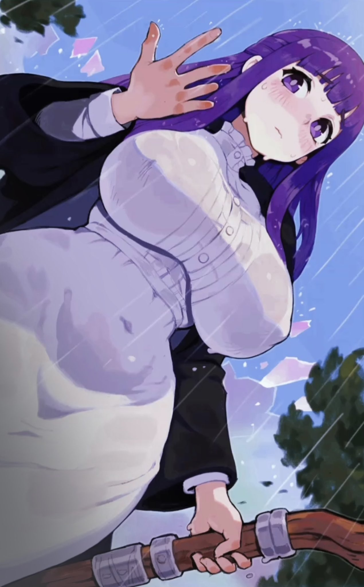 1girl black_robe blue_sky blunt_bangs blush breasts chimjoljol_(cute_goblin) cloud cloudy_sky commentary_request dress fern_(sousou_no_frieren) from_below highres holding holding_staff large_breasts long_hair looking_at_hand mixed-language_commentary navel purple_eyes purple_hair rain robe see-through see-through_dress sky sousou_no_frieren staff straight_hair tree water_drop wet wet_clothes white_dress wide_hips wide_sleeves wooden_staff