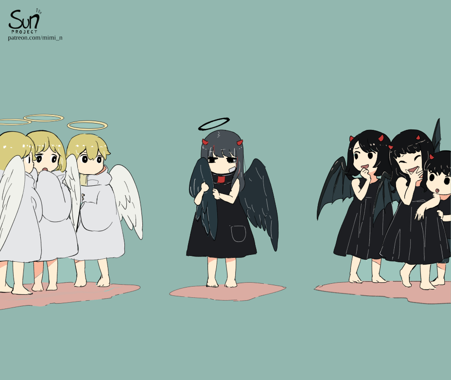 6+girls :o angel angel_and_devil angel_wings bandaid bandaid_on_face bare_arms bare_shoulders barefoot black_dress black_hair black_wings blonde_hair bob_cut closed_eyes commentary covering_own_mouth demon_girl demon_wings dress english_commentary feathered_wings grey_hair halo horns laughing leaning_forward long_hair long_sleeves looking_to_the_side mimi_n multiple_girls no_mouth odd_one_out open_mouth original red_horns sad short_hair simple_background sleeveless sleeveless_dress sleeves_past_fingers sleeves_past_wrists swept_bangs whispering white_dress white_wings wing_hug wings