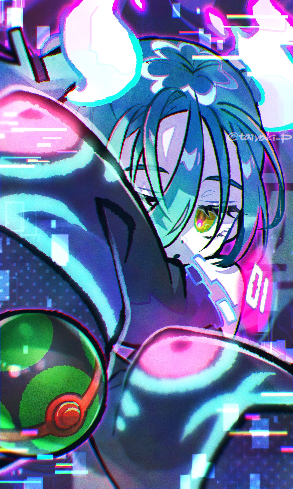 1girl bare_shoulders blue_hair detached_sleeves doradorakingyo dusk_ball eyelashes ghost_miku_(project_voltage) hair_between_eyes hatsune_miku highres open_mouth outstretched_arms poke_ball pokemon project_voltage sleeves_past_fingers sleeves_past_wrists solo twintails twitter_username vocaloid yellow_eyes