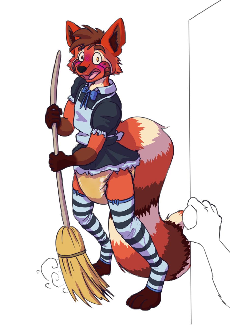 ailurid anthro bodily_fluids caught caught_off_guard clothing diaper embarrassed exposed genital_fluids hi_res humiliation humiliation_fetish ironthepandafox maid_uniform male mammal pamperskonk red_panda solo underwear uniform urine wet_diaper wetting