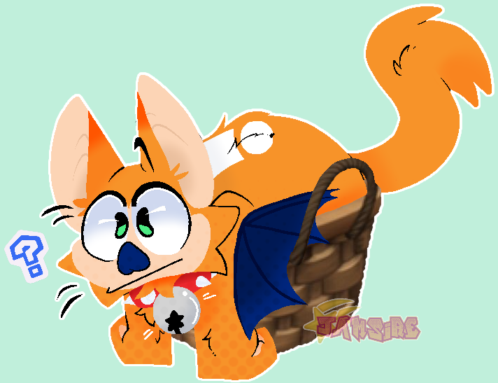 anthro basket bat_wings bell bell_collar big_ears chiropteran collar container domestic_cat exclaimation_point_marking felid feline felis green_eyes hybrid jamsire jamsire_von_clawde_(jamsire) lineless long_tail looking_up mammal membrane_(anatomy) membranous_wings paws question_mark red_collar spiked_collar spikes stuck toony watermark whiskers wings