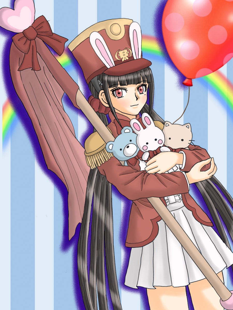 1girl animal_ears balloon blunt_bangs bow brown_hair commentary_request cowboy_shot danganronpa_(series) danganronpa_v3:_killing_harmony fake_animal_ears grey_skirt harukawa_maki highres holding holding_staff jacket long_sleeves low_twintails miniskirt mole mole_under_eye pleated_skirt red_bow red_eyes red_headwear red_jacket skirt smile solo staff striped_background stuffed_animal stuffed_toy twintails udzuki_kanae