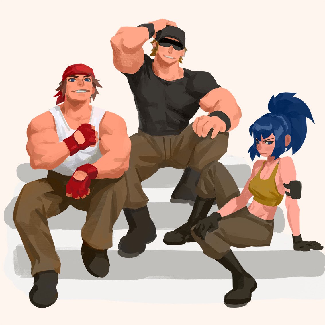 1girl 2boys arm_pouch bandana baseball_cap black_shirt blue_eyes blue_hair boots brown_eyes brown_hair cargo_pants clark_still combat_boots crop_top fingerless_gloves gloves hat ikari_warriors leona_heidern marcosilvart multiple_boys pants ponytail ralf_jones shirt sitting sitting_on_stairs soldier stairs sunglasses tank_top the_king_of_fighters the_king_of_fighters_xv white_shirt yellow_tank_top