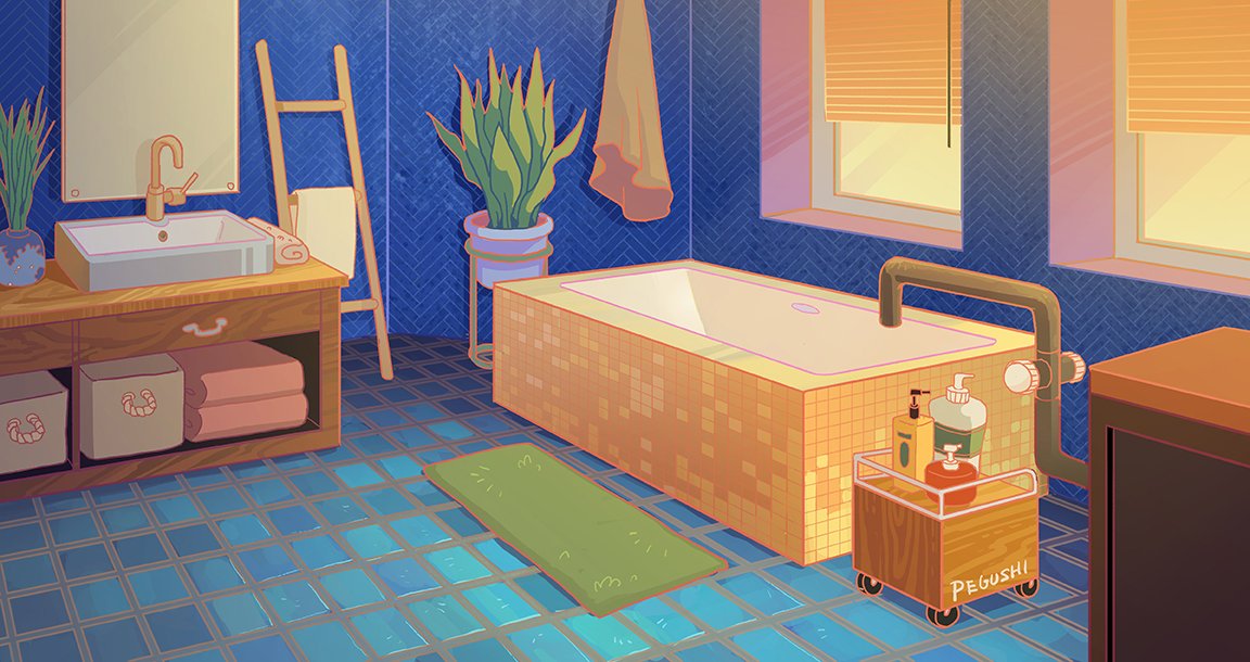 artist_name bathroom blinders blue_background commentary english_commentary faucet indoors ladder mat mirror no_humans original pegushi plant potted_plant scenery shampoo_bottle sink sky sunrise tile_floor tiles towel window yellow_sky