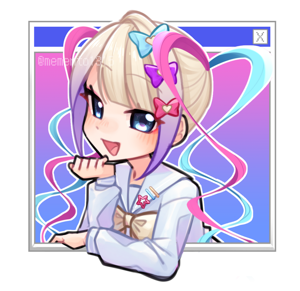 1girl :d blonde_hair blue_bow blue_eyes blue_hair blue_shirt blunt_bangs bow chouzetsusaikawa_tenshi-chan collared_shirt commentary cropped_torso english_commentary gradient_hair hair_bow hand_on_own_chin hand_up heart long_hair long_sleeves looking_at_viewer memento1315 multicolored_hair multiple_hair_bows needy_girl_overdose open_mouth pink_bow pink_hair purple_bow purple_hair quad_tails sailor_collar shirt smile solo upper_body window_(computing) yellow_bow