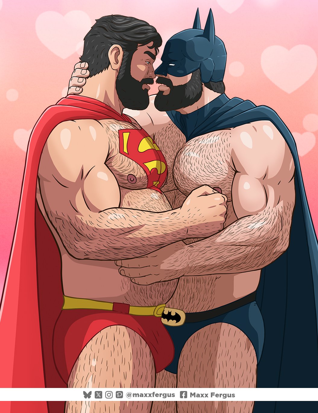 2boys artist_name bara batman batman_(series) beard biceps black_hair bulge cape dc_comics facial_hair feet_out_of_frame hairy heart highres hug large_pectorals looking_at_viewer male_focus male_swimwear manly mask mature_male maxxfergus multiple_boys muscular muscular_male nipple_stimulation nipple_tweak nipples pectorals plump red_background short_hair simple_background superman superman_(series) swim_briefs thick_arms thick_eyebrows thick_thighs thighs twitter_username valentine very_hairy