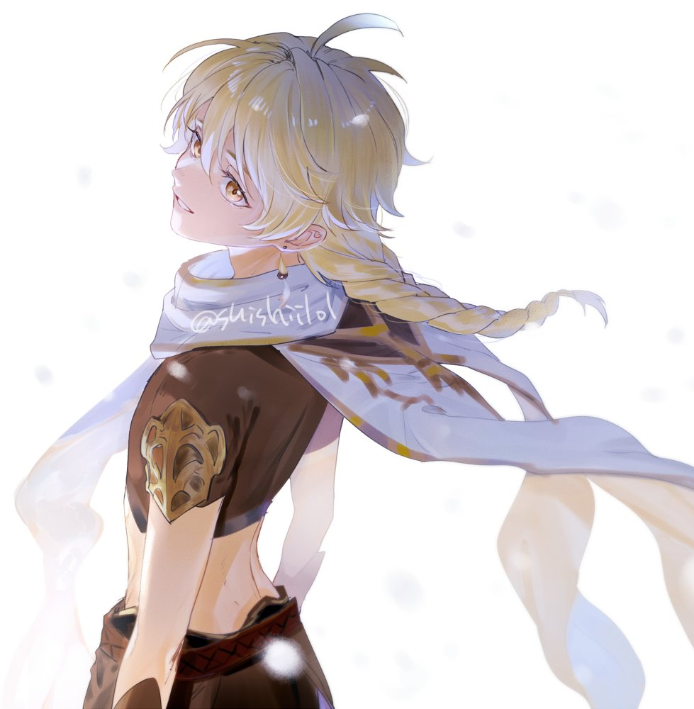 1boy aether_(genshin_impact) ahoge arm_armor armor artist_name belt blonde_hair braid brown_belt brown_pants brown_shirt earrings genshin_impact gold_trim hair_between_eyes hikarusorano jewelry long_hair looking_at_viewer male_focus pants scarf shirt short_sleeves shoulder_armor simple_background single_earring smile snowing solo standing teeth white_background white_scarf yellow_eyes