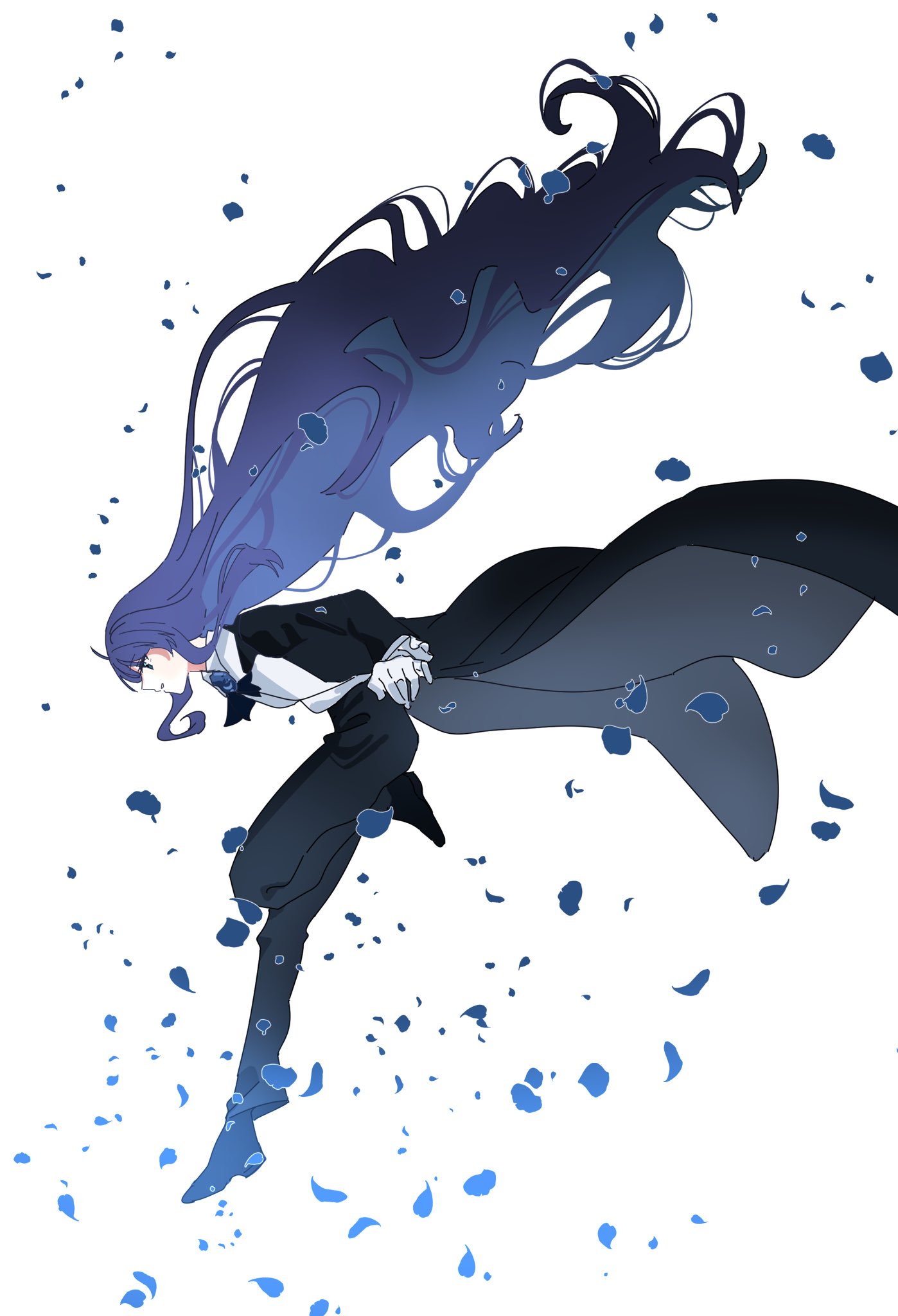 1girl ado_(utaite) black_coat black_hair black_pants blue_hair coat collared_shirt commentary_request falling falling_petals full_body gloves gradient_hair high-waist_pants highres inu_draw long_hair long_sleeves looking_ahead multicolored_hair neck_ribbon pants petals profile ribbon shirt solo tailcoat very_long_hair vocaloid white_gloves white_shirt