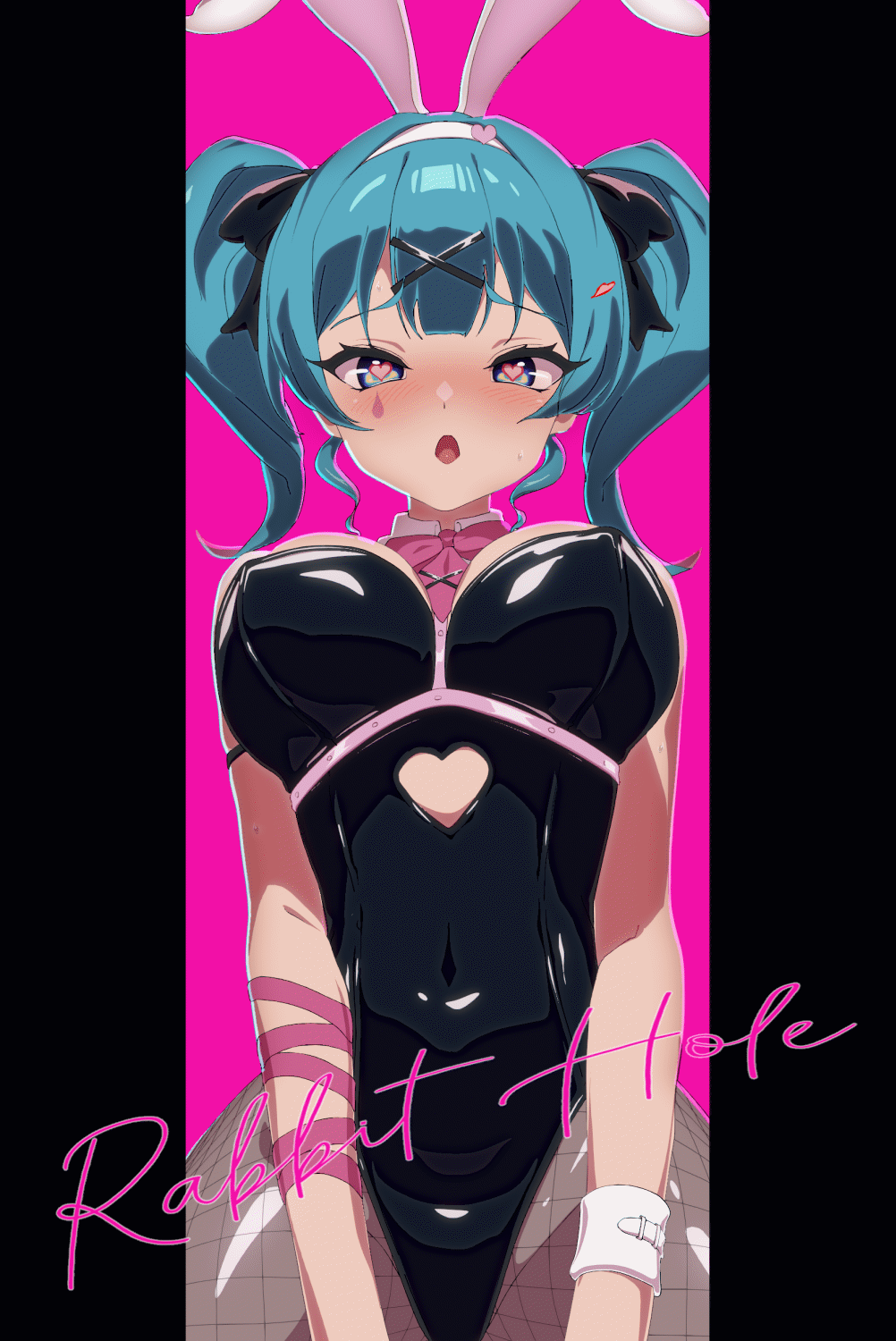 1girl animal_ears animated animated_gif bare_shoulders black_leotard blue_eyes blue_hair blush bouncing_breasts bow bowtie breasts clothing_cutout detached_collar fake_animal_ears hair_ornament hatsune_miku heart heart-shaped_pupils highres implied_sex leotard looking_at_viewer looping_animation open_mouth pantyhose pink_pupils playboy_bunny rabbit_ears rabbit_hole_(vocaloid) scene_reference smile solo symbol-shaped_pupils teardrop_facial_mark theobrobine twintails vocaloid x_hair_ornament