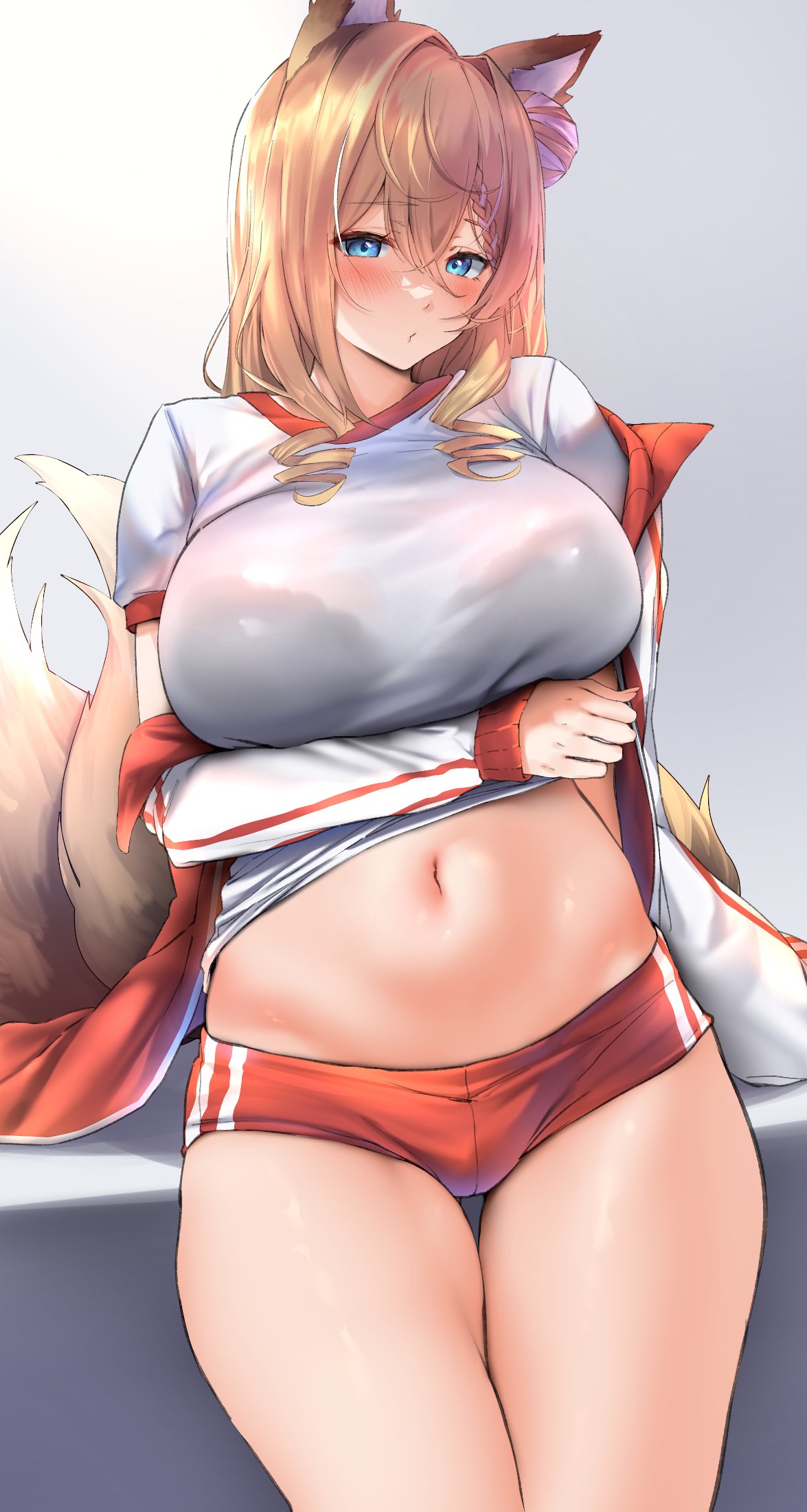 1girl animal_ears arm_under_breasts black_bra blue_archive blue_eyes blush bra bra_visible_through_clothes braid breast_hold breasts buruma commentary cosplay cowboy_shot crotch_seam curvy double-parted_bangs drill_hair drill_sidelocks fox_ears fox_tail french_braid grey_background gym_uniform hair_between_eyes hair_bun hair_intakes haruna_(blue_archive) haruna_(blue_archive)_(cosplay) haruna_(track)_(blue_archive) hechi_(hechi322) highres indie_virtual_youtuber jacket koromo_naruru large_breasts light_brown_hair long_hair looking_at_viewer multicolored_clothes multicolored_jacket multiple_tails navel open_clothes open_jacket puckered_lips red_buruma red_jacket shirt short_sleeves sidelocks simple_background single_side_bun solo standing stomach symbol-only_commentary tail thigh_gap thighs two-tone_jacket underwear white_hair white_jacket white_shirt