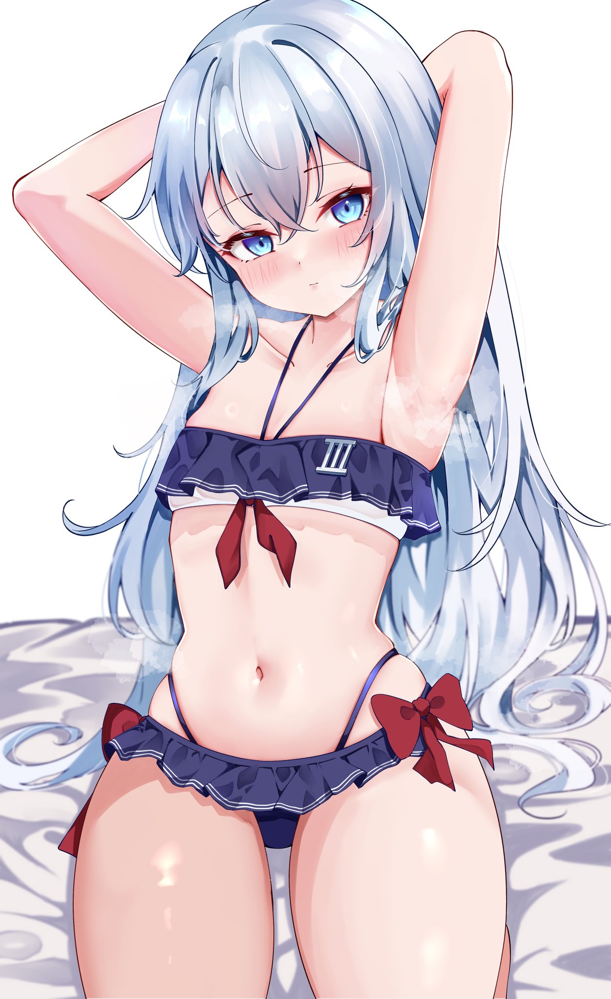 1girl armpits arms_behind_head badge bikini blue_bikini blue_eyes blue_hair breasts calin commentary_request cowboy_shot frilled_bikini frills hibiki_(kancolle) highres kantai_collection light_blue_hair long_hair side-tie_bikini_bottom small_breasts solo swimsuit