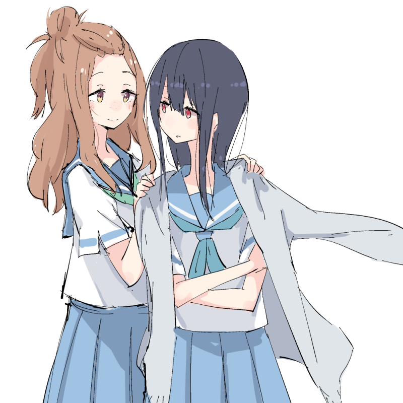 2girls bare_arms black_hair blue_neckerchief blue_sailor_collar blue_skirt brown_eyes brown_hair closed_mouth crossed_arms grey_jacket hands_on_another's_shoulders hibike!_euphonium jacket kenzaki_ririka kitauji_high_school_uniform light_blush light_brown_hair liz_to_aoi_tori long_hair looking_at_another multiple_girls neckerchief parted_lips pleated_skirt red_eyes sailor_collar school_uniform serafuku shiroshi_(denpa_eshidan) shirt short_sleeves sidelocks simple_background skirt smile standing white_background white_shirt yoroizuka_mizore yuri