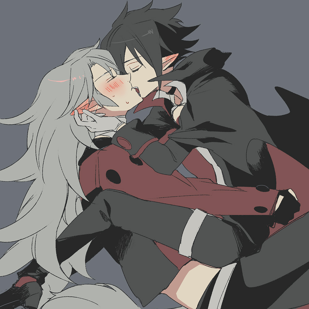 2boys black_cape black_choker black_gloves black_hair black_pants blush cape choker closed_eyes cropped_jacket disgaea ear_blush facing_another fenrich_(disgaea) from_side gloves grey_background grey_hair hair_between_eyes hand_on_another's_ear jacket kiss long_hair makai_senki_disgaea_4 male_focus messy_hair multiple_boys nervous_sweating open_mouth pants pointy_ears red_jacket sat0_u0 short_hair sitting sitting_on_lap sitting_on_person sketch spiked_hair sweat tail torn_cape torn_clothes valvatorez_(disgaea) vampire werewolf white_gloves wolf_tail yaoi
