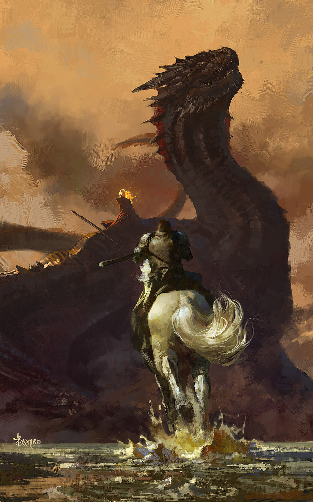 1boy 1girl a_song_of_ice_and_fire armor artist_name bayard_wu breastplate charging_forward cloud cloudy_sky commentary daenerys_targaryen dragon dragon_riding drogon english_commentary facing_away fantasy game_of_thrones highres horns horse horseback_riding jaime_lannister open_mouth orange_sky outdoors painterly pauldrons realistic riding sharp_teeth shoulder_armor sky tail teeth water western_dragon wide_shot wings yellow_eyes