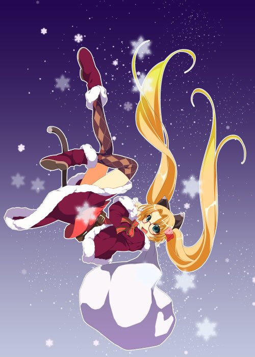 1girl animal_ears atelier-moo belt blonde_hair boots capelet cat_ears cat_tail christmas dress full_body gift glasses green_eyes hair_ornament holding holding_sack long_hair machida_madoka machidake merry_christmas open_mouth red_capelet sack santa_costume santa_dress skirt smile snow snowflakes solo tail thighhighs thighs twintails zettai_ryouiki