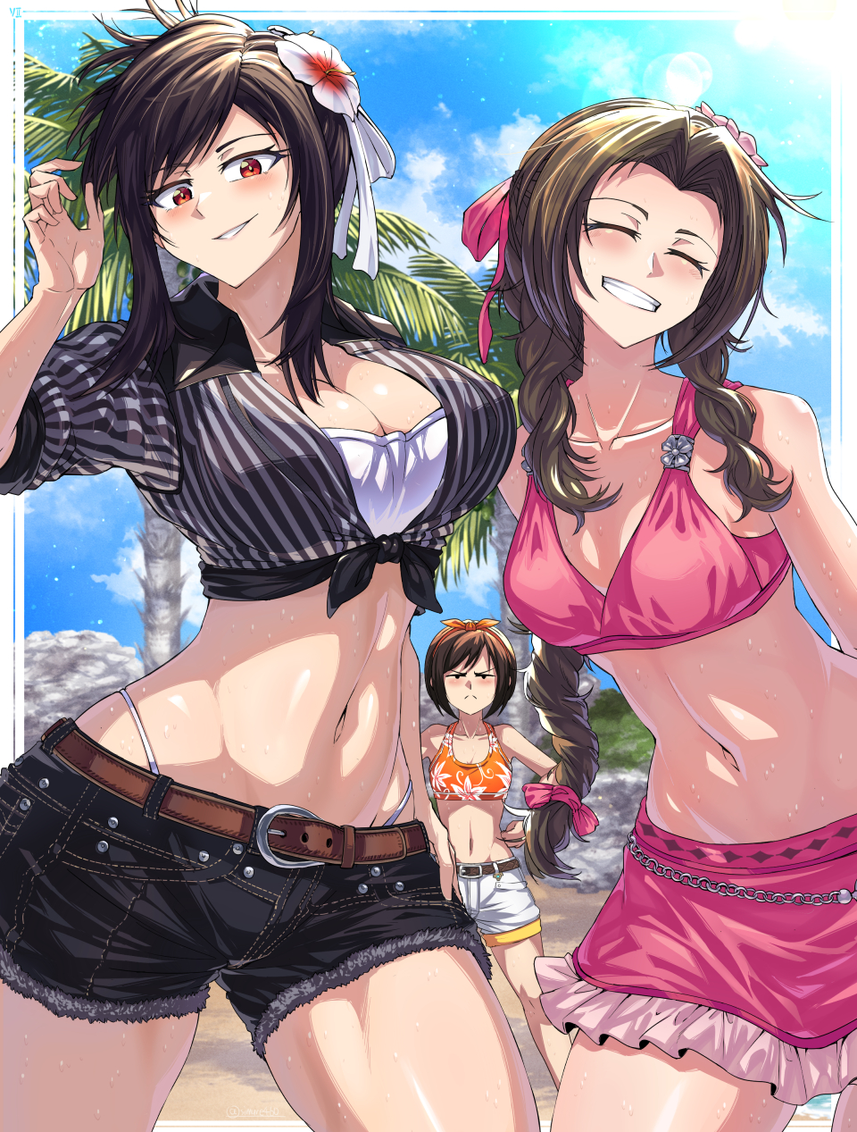 3girls aerith_gainsborough aerith_gainsborough_(floral_delight) bare_shoulders belt belt_buckle bikini black_hair blue_sky breasts brown_hair buckle cleavage closed_mouth cloud collarbone collared_shirt commentary crop_top day final_fantasy final_fantasy_vii final_fantasy_vii_rebirth final_fantasy_vii_remake flower frilled_sleeves frills frown green_eyes grey_shorts hair_flower hair_ornament highres large_breasts looking_at_viewer medium_breasts midriff multiple_girls navel official_alternate_costume open_mouth orange_tank_top outdoors parted_bangs parted_lips pink_skirt pink_top ponytail shimure_(460) shirt short_shorts short_sleeves shorts sidelocks skirt sky smile standing striped_clothes striped_shirt swept_bangs swimsuit swimsuit_under_clothes tank_top tifa_lockhart tifa_lockhart_(majestic_glamour) v wavy_hair white_background white_bikini white_shorts yuffie_kisaragi