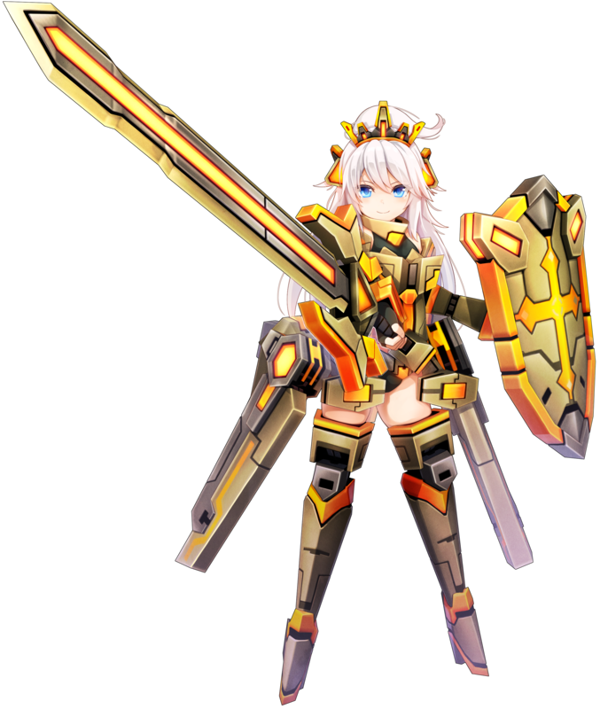 armor artist_request blue_eyes cosmic_break elisalotte elisalotte_glanz full_body holding holding_shield holding_sword holding_weapon leg_armor long_hair looking_at_viewer official_art shield sidelocks smile sword thighhighs tiara weapon white_hair